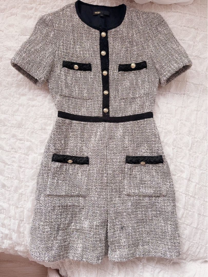 「美品」maje グレー黒ツイードミニワンピース