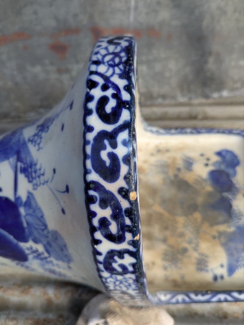 古便器　小便器　セット　青と白の花柄陶器　古道具　アンティーク　伊万里焼