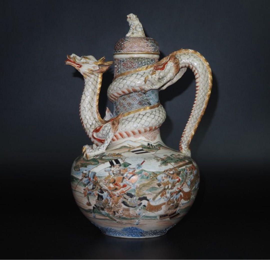 送料無料　明治薩摩焼　武者絵龍吐水注　木箱付　★希少★