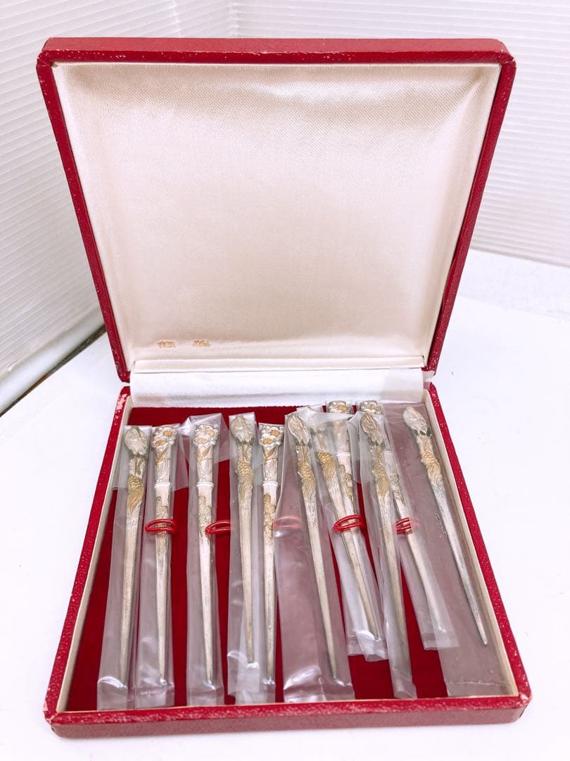 Y*e様 銀製 菓子楊枝 11本セット 箱付き 鶴 梅 アンティーク 和装小物