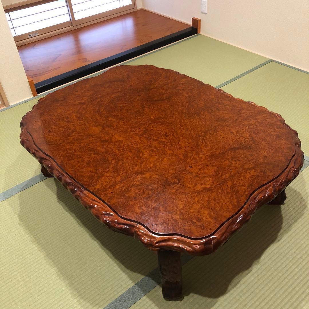 木製楕円形座卓 彫刻入り　 机　折りたたみ可能