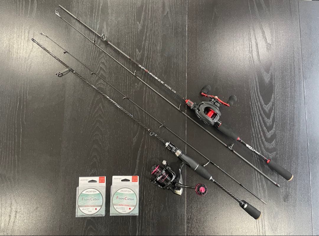 バス釣り2セット・ベイトロッド&リール(右巻)スピニングロッド&リール・ライン付