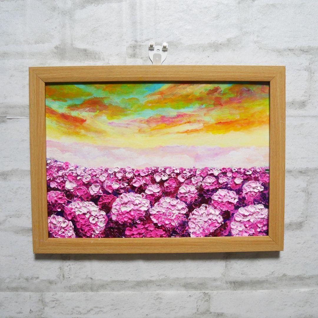 油絵 油彩 油彩画 絵 絵画【天空の夕日と紫陽花】