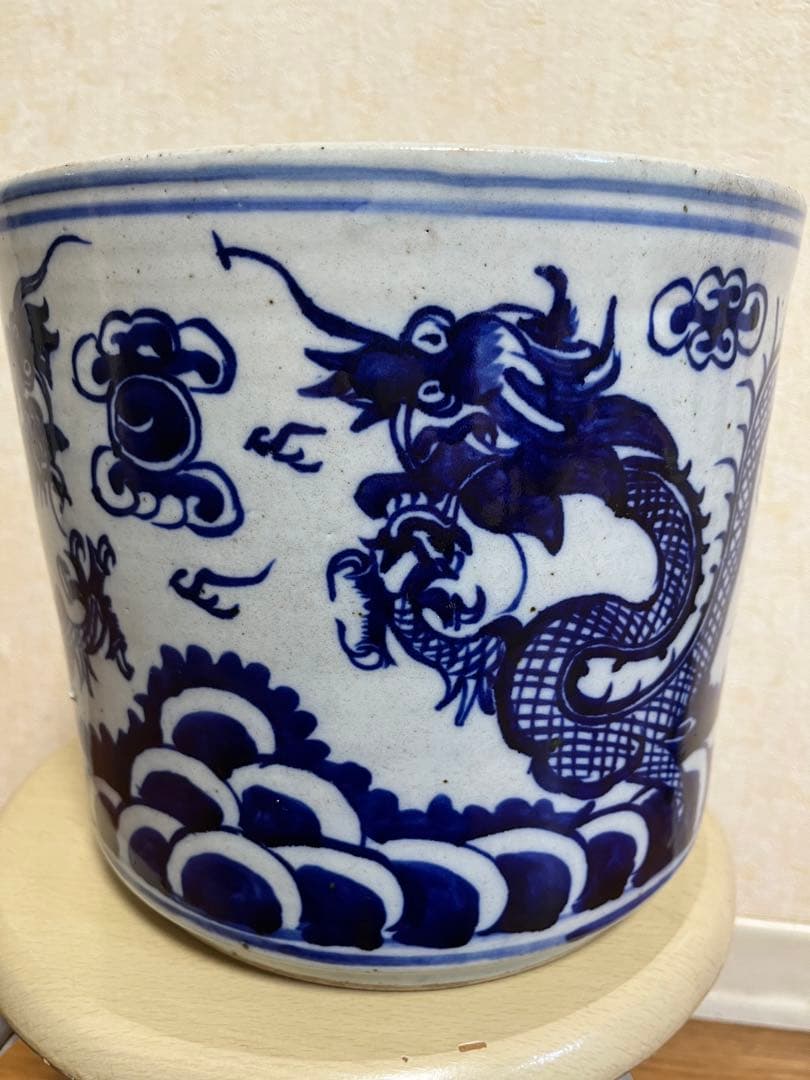 中国清代染付鉢　特大　香炉　筆立　昇龍　縁起物　運気上昇
