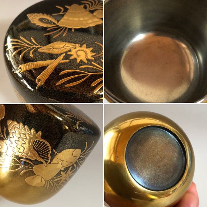 K678  配送料無料　金蒔絵棗　貝　松　木製　茶道具　漆器　内銀