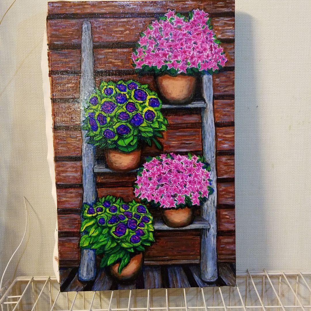 油絵　ゆうみ　はしごに置いた鉢花