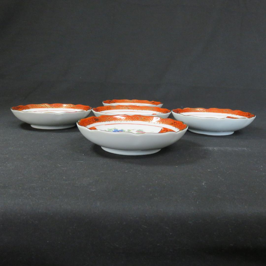 九谷 小皿 5枚 色絵付 金彩 手塩皿 銘々皿 仙人 鶴 明治