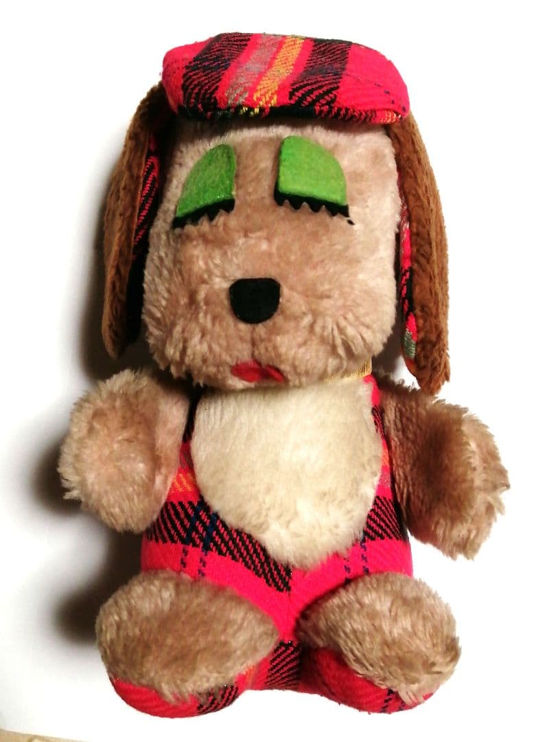 【昭和レトロ】吉徳　犬のぬいぐるみ 赤と黒のチェック柄　約25cm