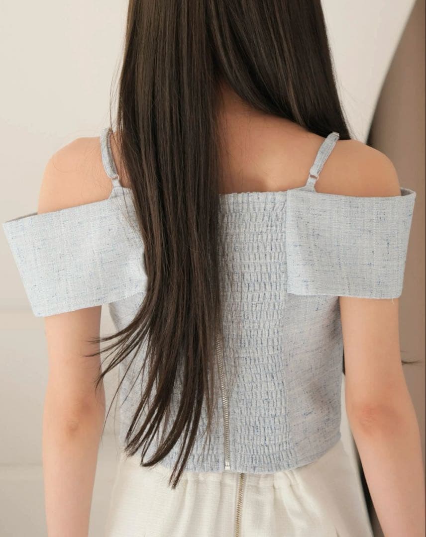 リップサービス LIP SERVICE ツイードリボンオフショルトップス ブルー