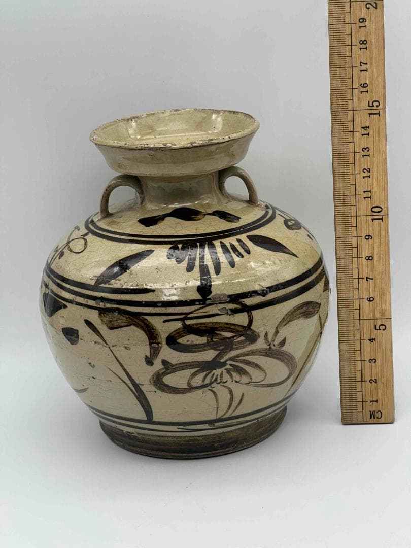 宋時代　磁州窯双耳盤口壺　茶道具　唐物　古物　時代物(E-73)