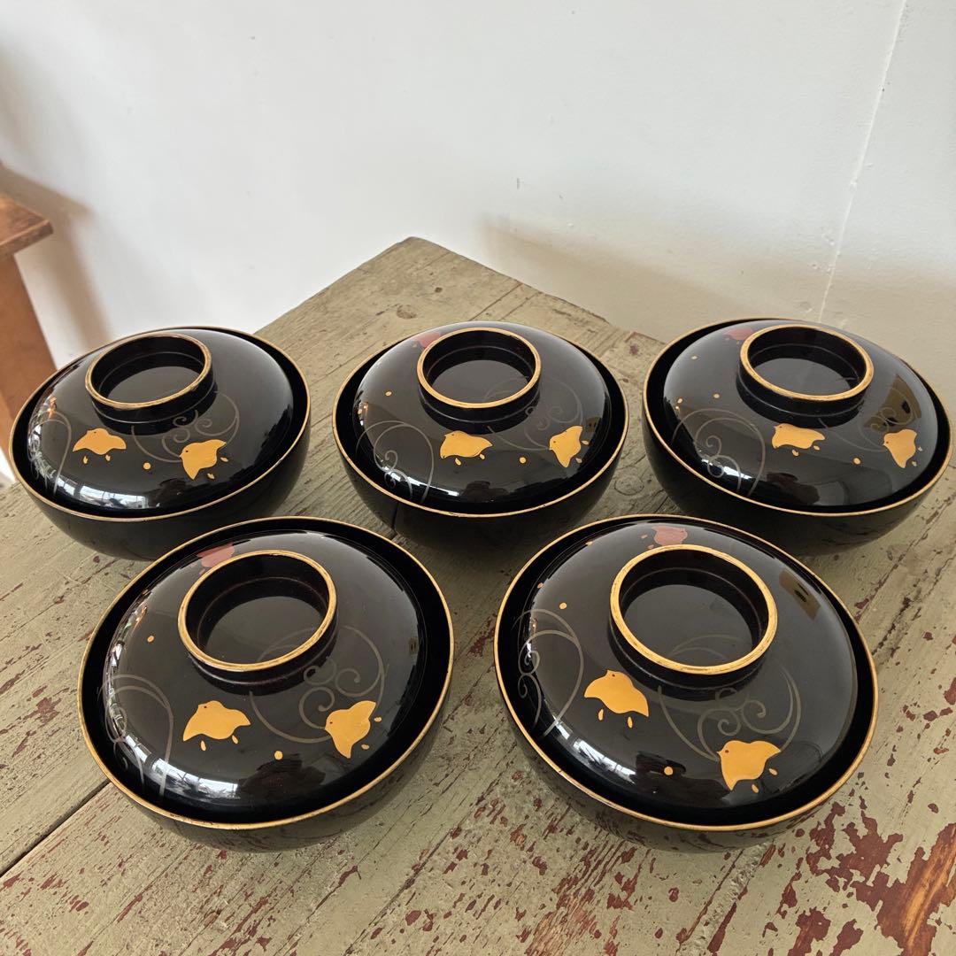 波千鳥　吸物碗　5客　蓋付き　漆　蒔絵　工芸　器　和食器　25.10.16-2