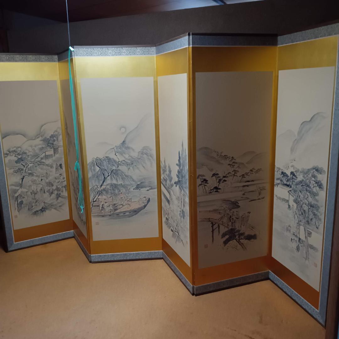 江戸時代風俗図　水墨画＆金屏風セット(175x60cm)X六曲X３枚