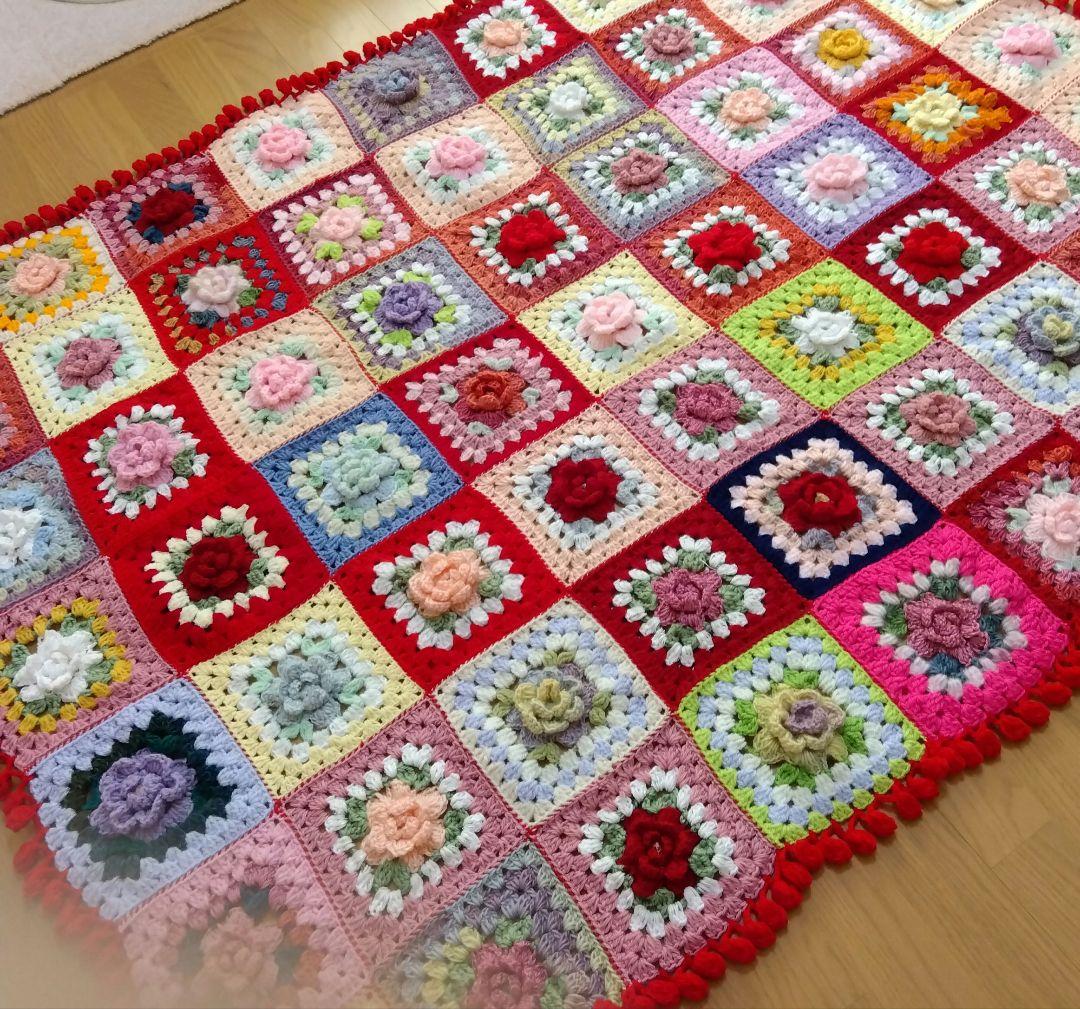 ブランケット ベットカバーカラフルなお花のグラニースクエア