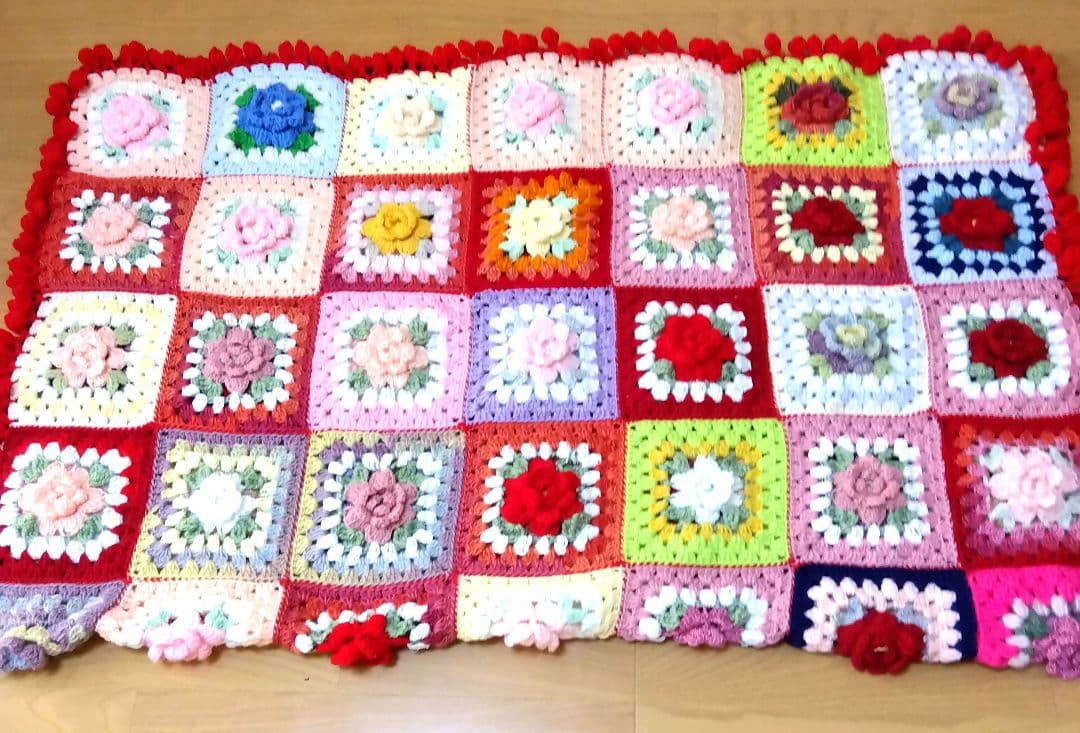 ブランケット ベットカバーカラフルなお花のグラニースクエア