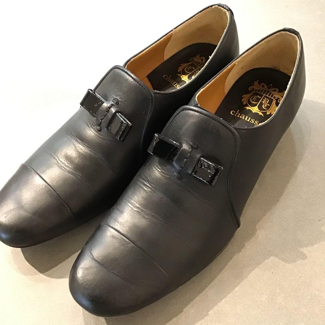 chausser ショセ＊黒　スリッポン キャップトゥ シューズ　革靴　39