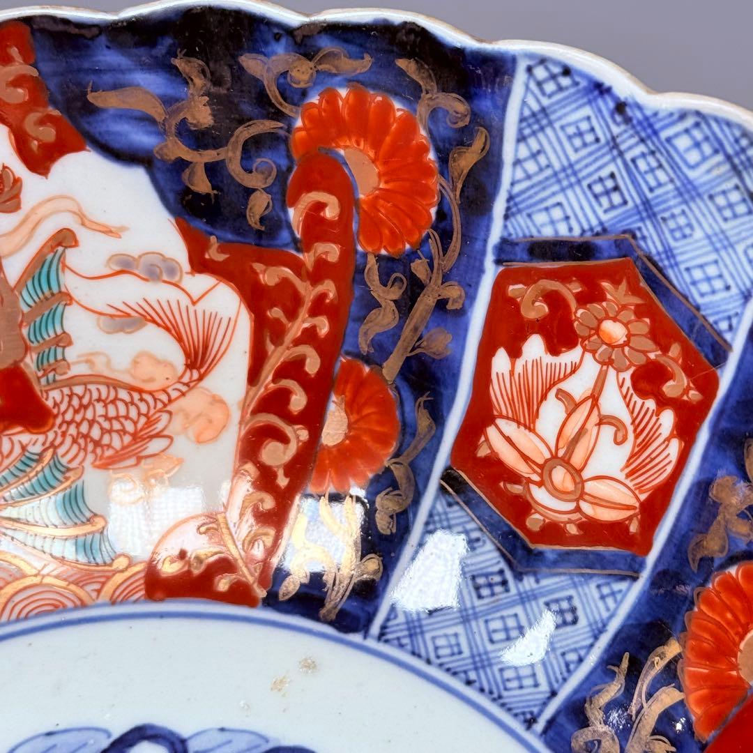 古伊万里　大聖寺伊万里　染錦三方龍仙人菊花型鉢　三ツ鉢揃い　黄仁覧図　特上品