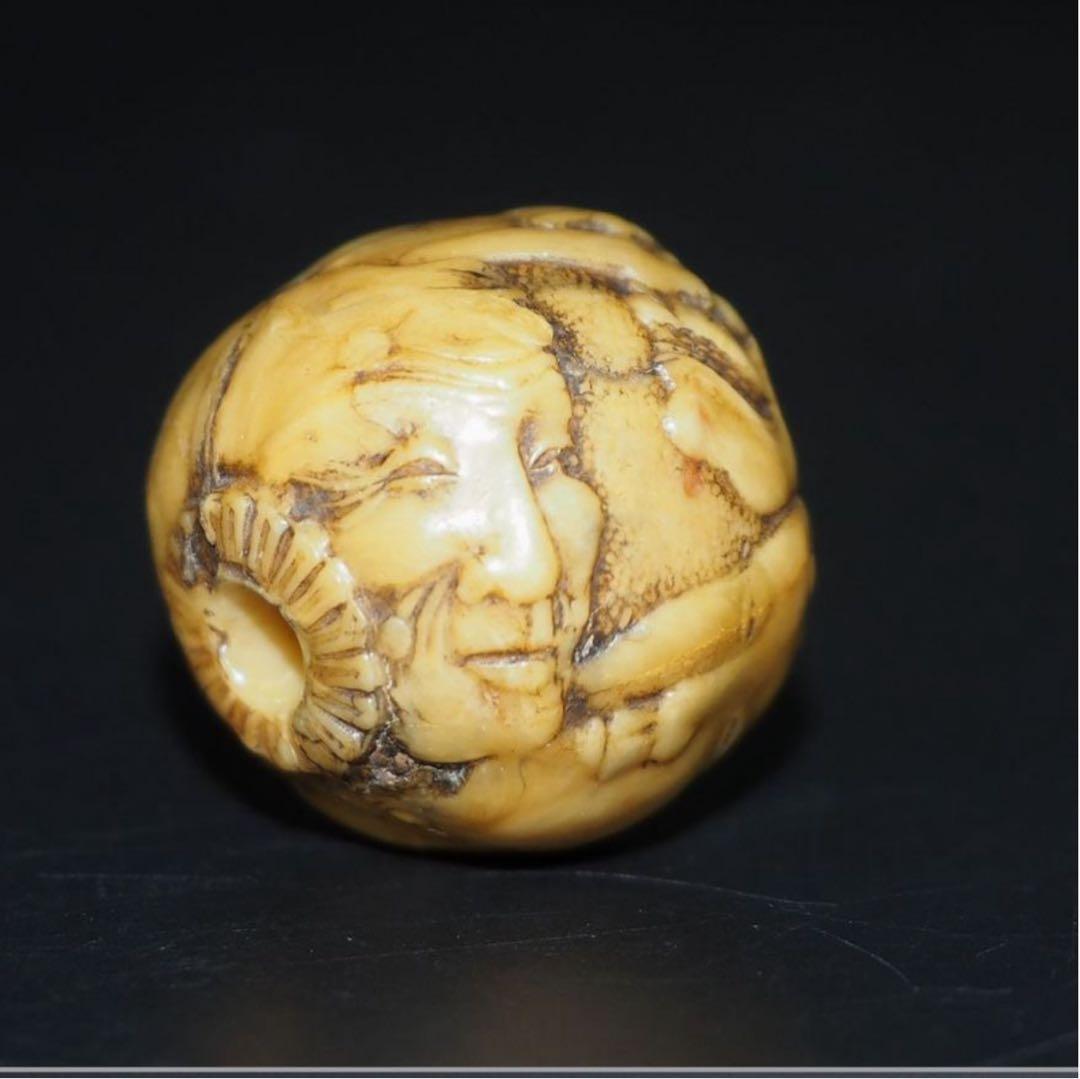 送料無料　江戸時代　鬼面細密彫　緒締玉　　径1.8cm 重4g検/提げ物緒締玉根