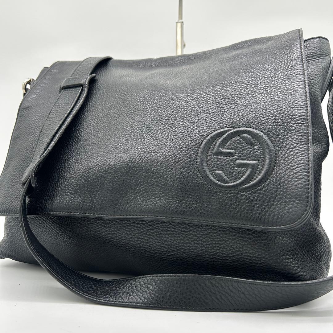 【美品】グッチ ソーホー メッセンジャーバッグ インターロッキング シボ革 黒