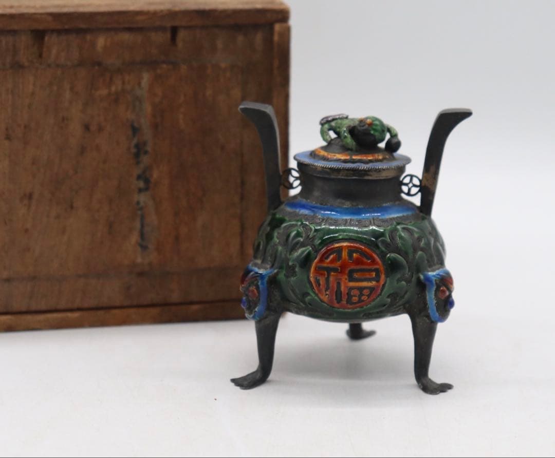 中国　清時代　福寿　銀製七宝焼獣足香炉　木箱入　送料込み250509