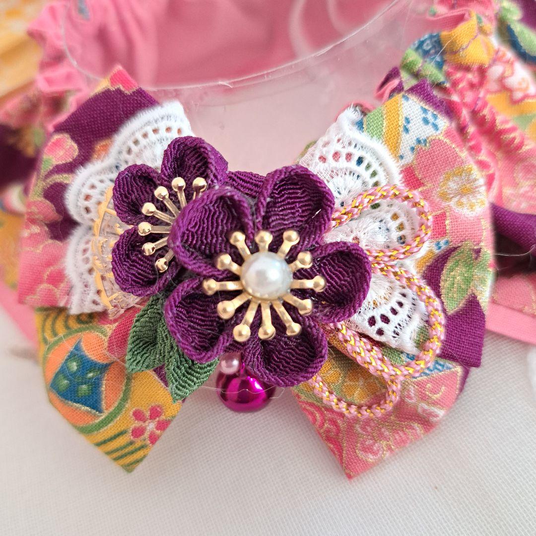 幅広シュシュ和風つまみ細工(紫)わんちゃん猫ちゃん用