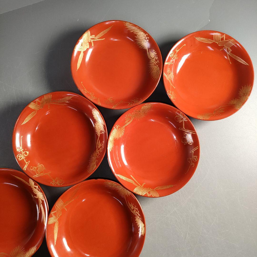 A1375-5/輪島塗/金彩松竹梅堀画輪島朱色木皿20客/向付/懐石道具/銘々皿