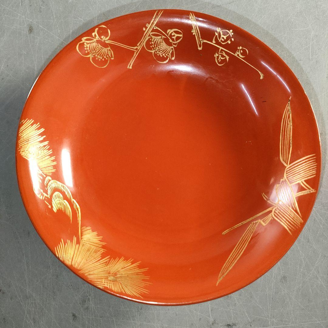 A1375-5/輪島塗/金彩松竹梅堀画輪島朱色木皿20客/向付/懐石道具/銘々皿