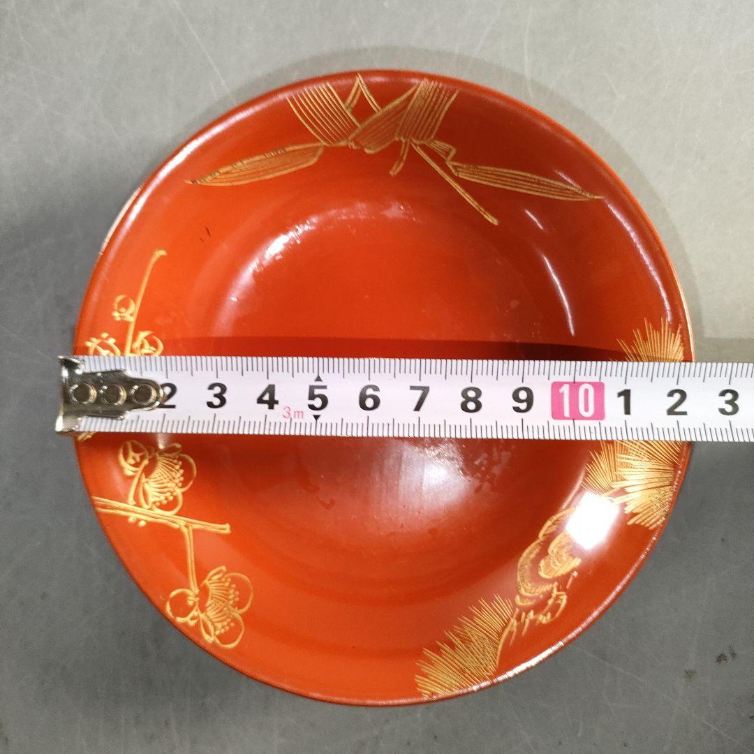 A1375-5/輪島塗/金彩松竹梅堀画輪島朱色木皿20客/向付/懐石道具/銘々皿