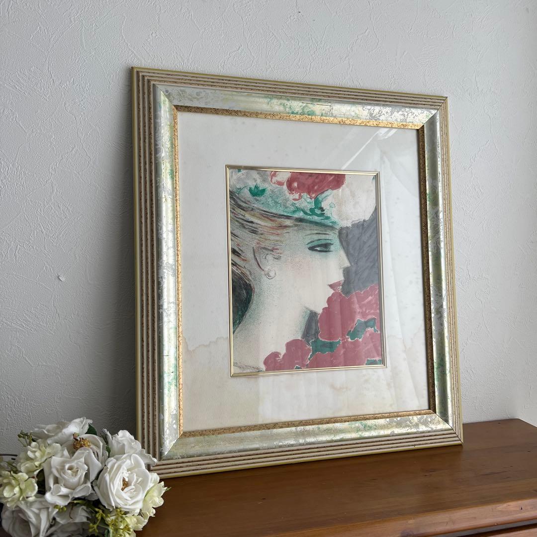 k216r120 フランス画壇の巨匠カシニョール 額装絵画「バラと横顔の肖像」