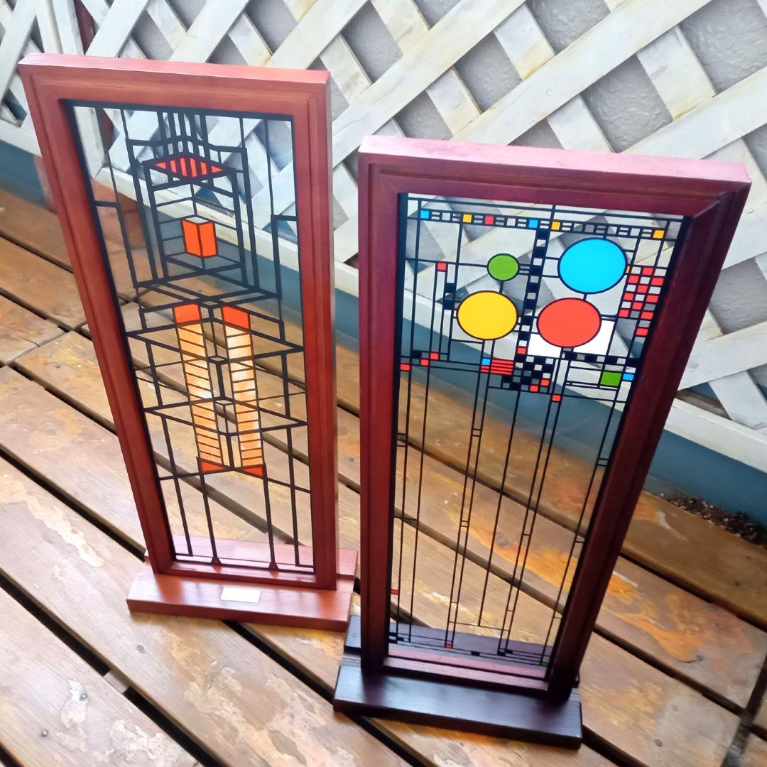フランクロイドライト ステンドグラス木製枠２枚パレード＆ロビー邸グラスマスターズ
