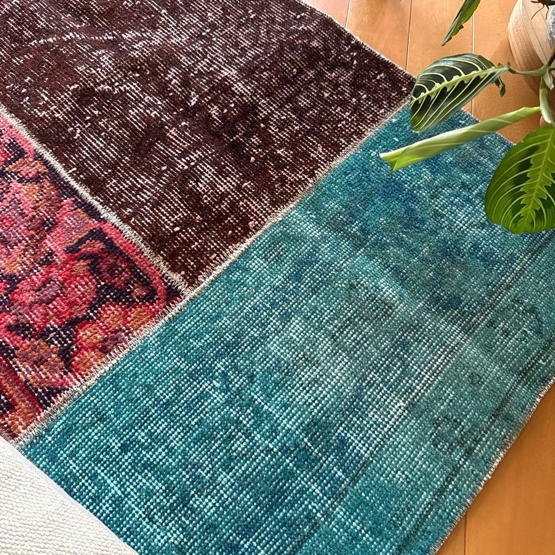 55×103 神秘的ブルー×ブラウン×ボタニカル　トルコヴィンテージラグ