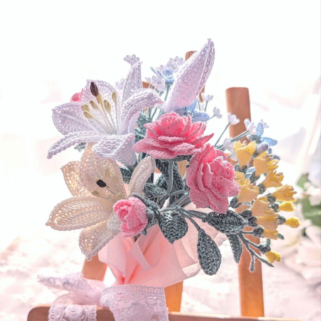 ここ☆薔薇とユリ、フリージアなどのブーケ☆ハンドメイドレース編み