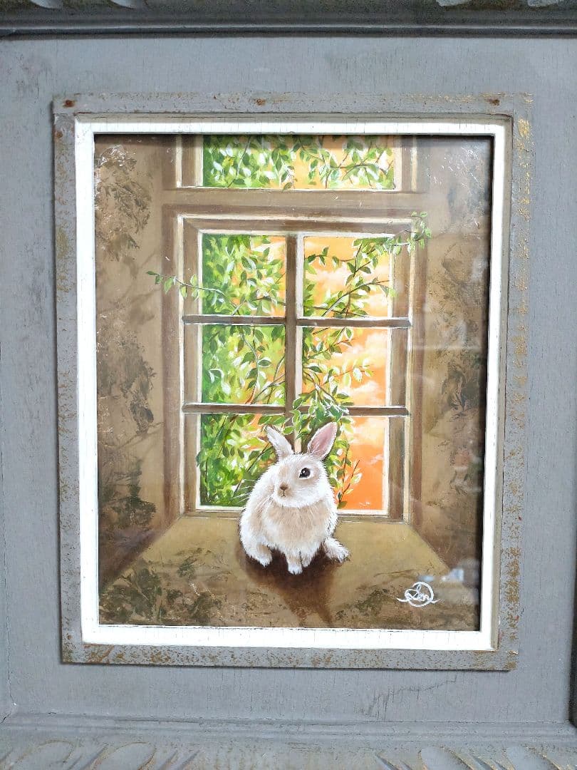 兎の油絵【耳をすます】1点物の原画/作詞サイン入り◆額縁付属