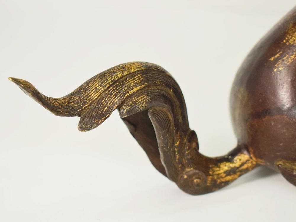 【銅】　★ 文房 銅鍍金坐姿獬豸造像 ★　清朝期　伝説神獣 細密鋳造　雅玩雑項