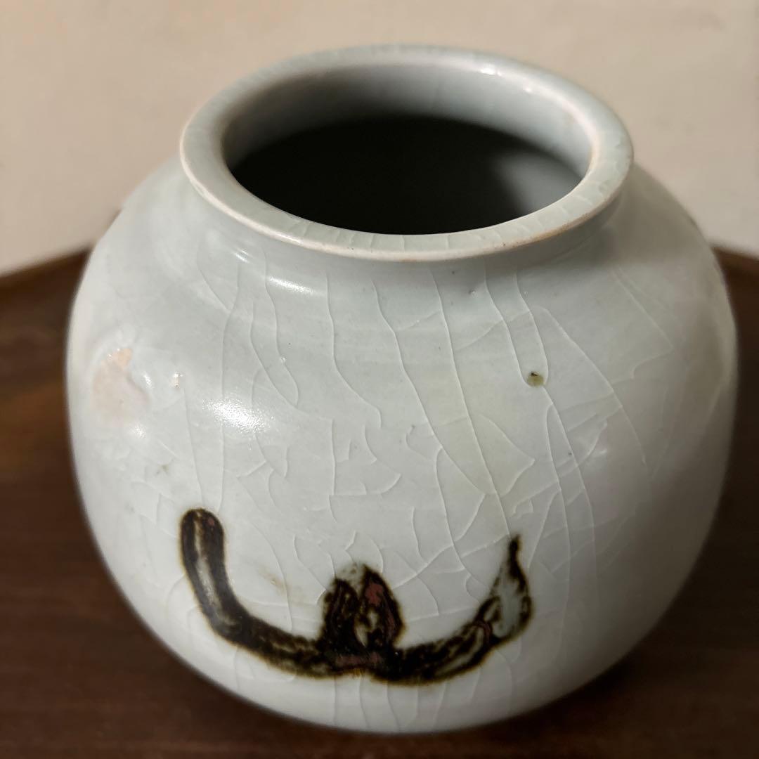 鉄釉壷　朝鮮　李朝　韓国骨董　白磁　丸壷　塩笥壺　骨董品.アンティーク.立原正秋