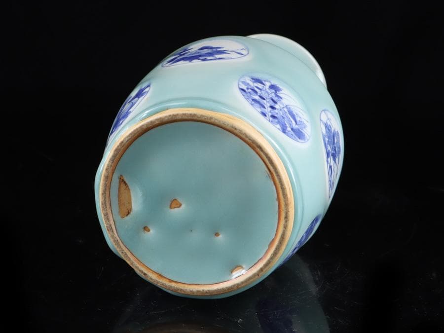 Y2463 時代物 中国 青磁 染付 青花獣双耳瓶 大花瓶 高さ26㎝