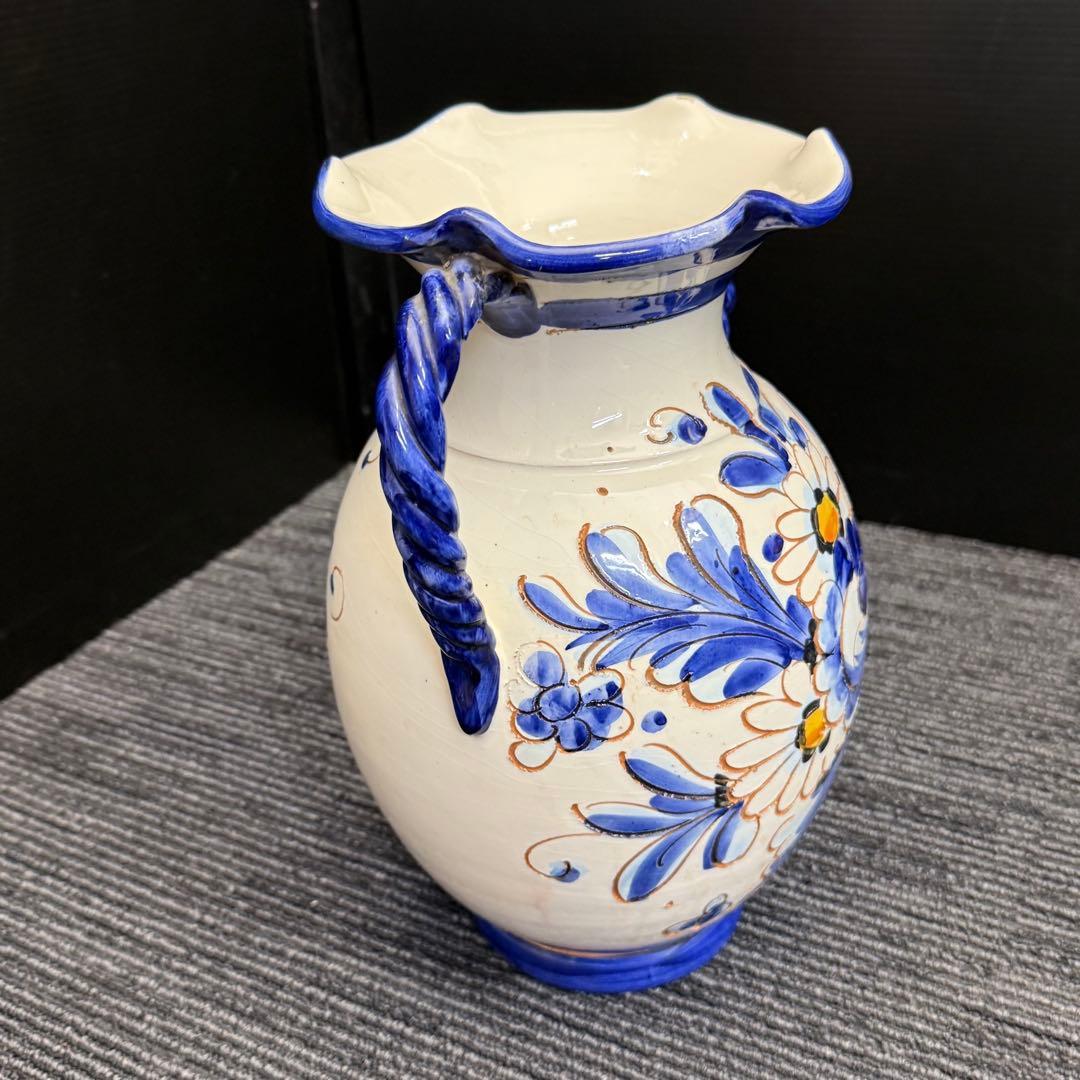 ヴィンテージ スペイン風 陶器 花瓶 特大 オブジェ 31cm ツイストハンドル