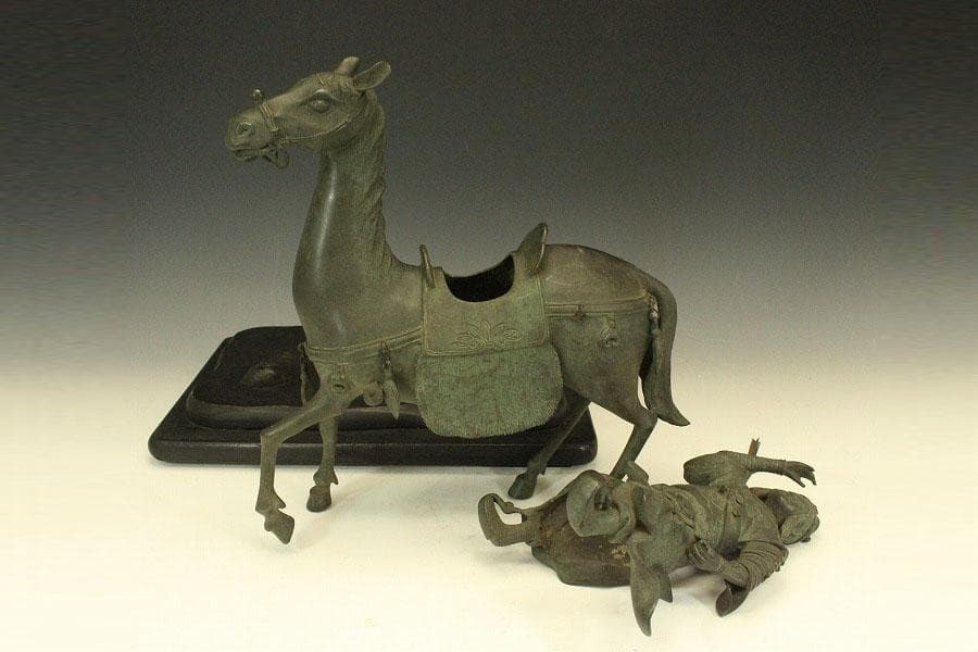 銅 馬上武人 置物 台座付 高42.5cm(LC414)