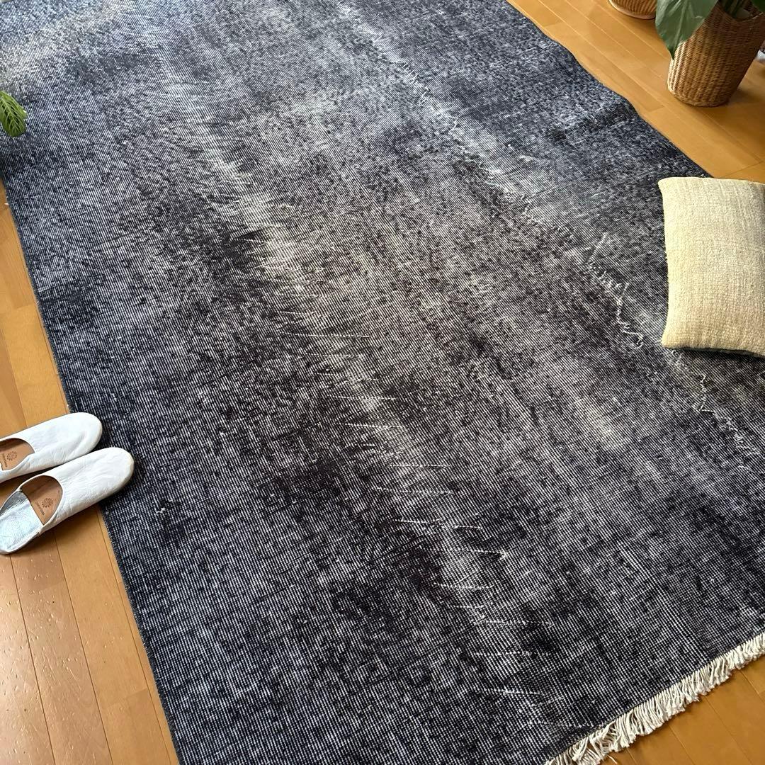 大判157×256レアカラー　ダークネイビーグレイ　擦れ　トルコヴィンテージラグ