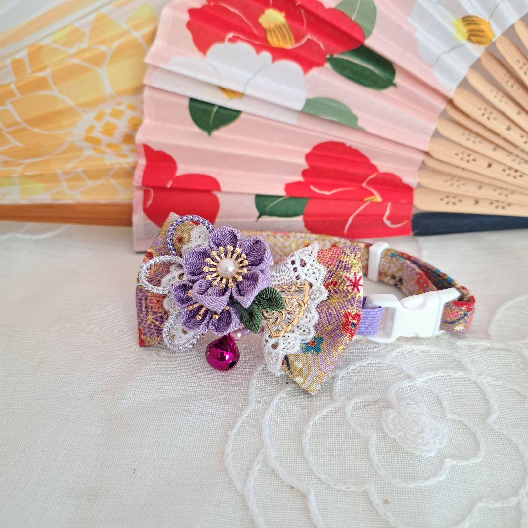 つまみ細工シングルリボン(薄紫)わんちゃん猫ちゃん用首輪