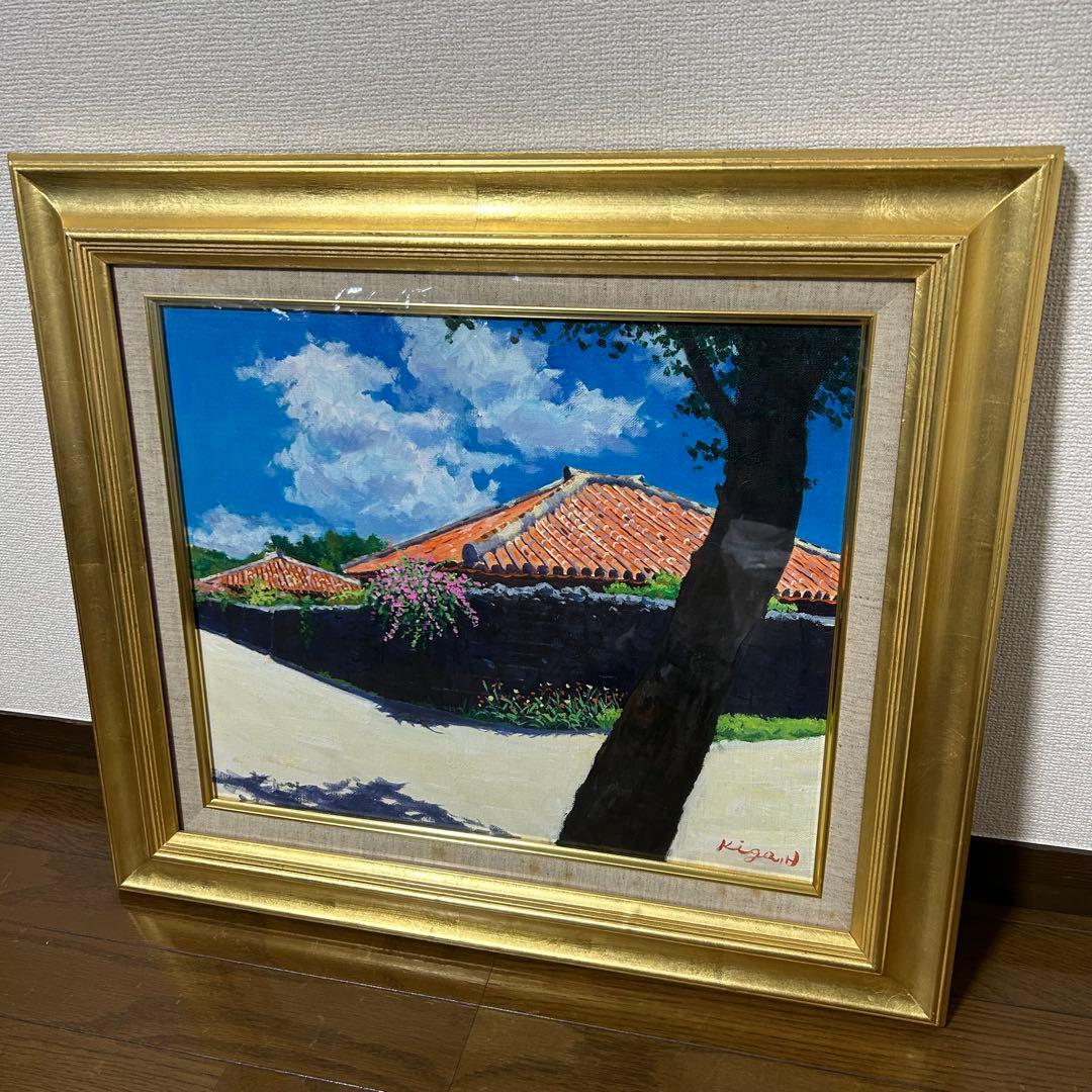 【真作】 比嘉英男 油彩画　8号　群青　沖縄の風景