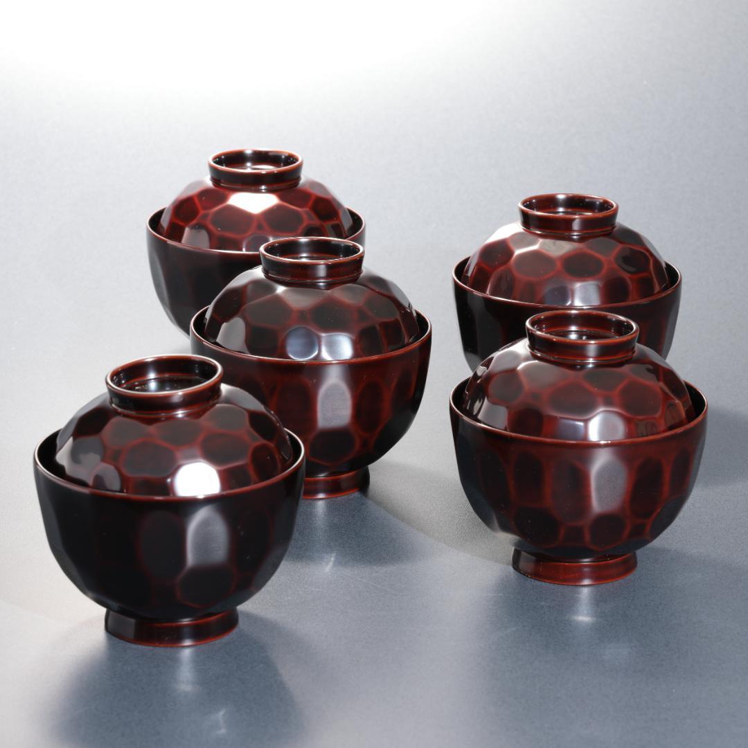 輪島塗　吸物椀５客　渦文　共箱　漆塗蓋つき椀　R1588