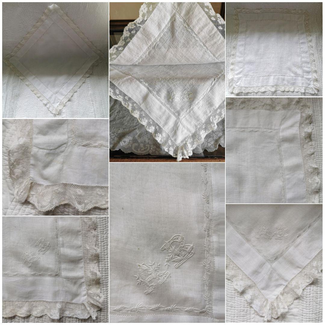 アンティークフランス 精緻な薊刺繍 イニシャル花文字ＡＢ マリアージュハンカチ