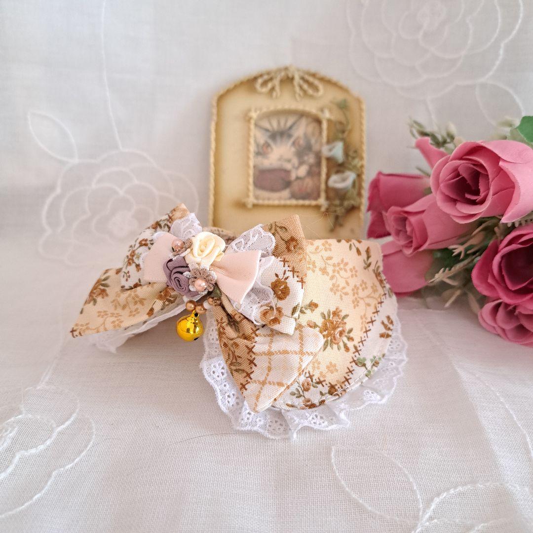 パッチワークローズ(ブラウン)わんちゃん猫ちゃん用襟付き首輪