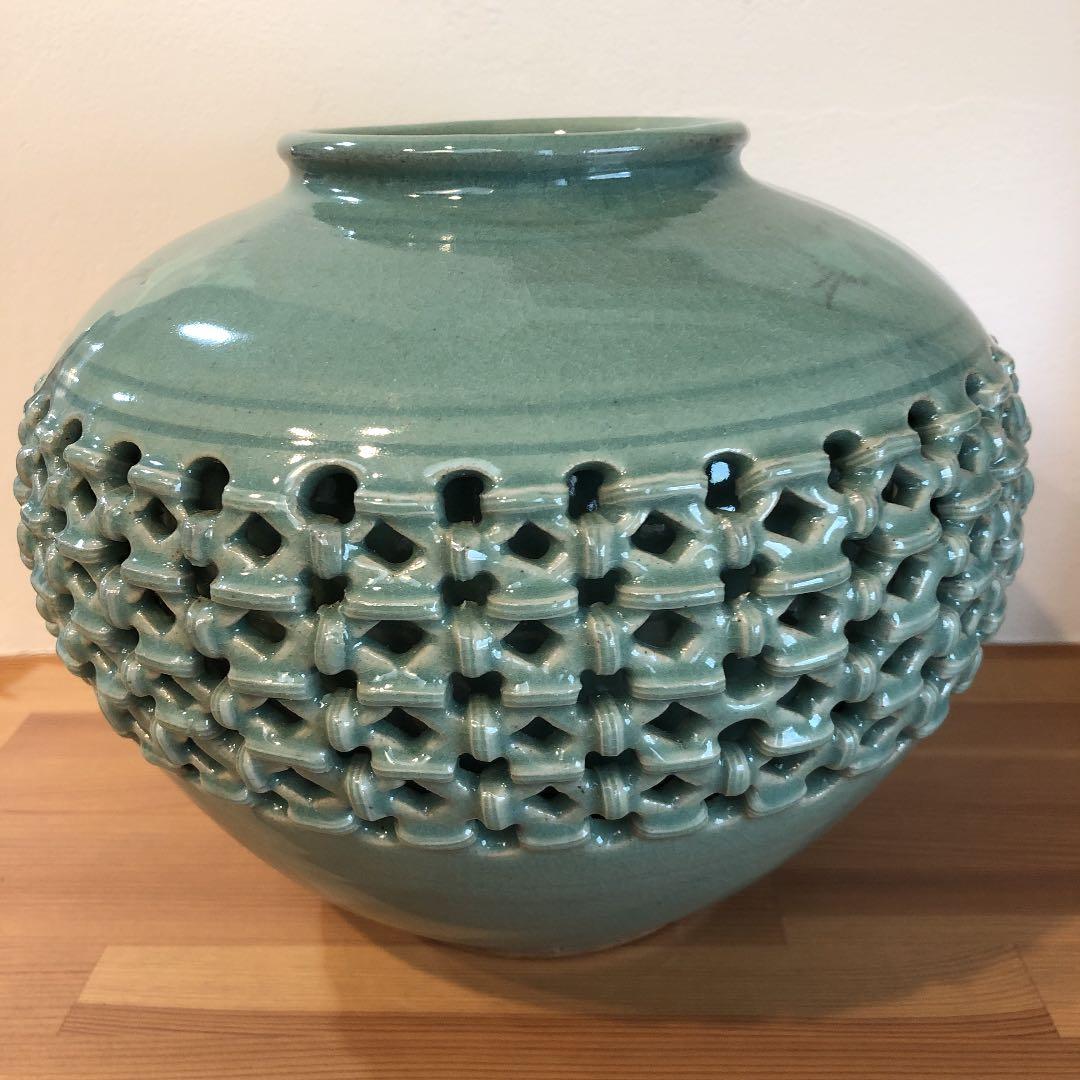 花瓶 高麗青磁 海泉作 網目 雲鶴象嵌
