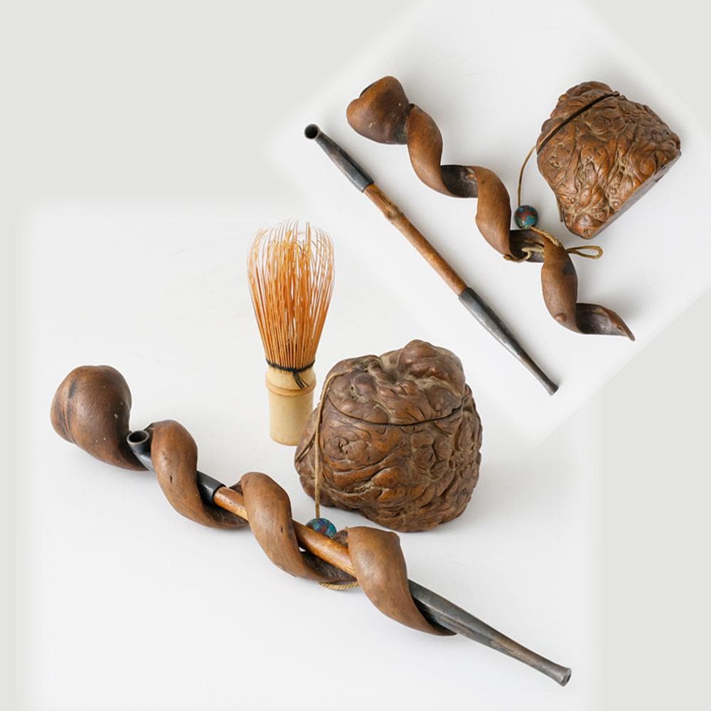 時代 提げ物 塊木瘤木 煙草入れ 螺旋捻り上げ煙管筒 龍図七宝緒締 煙管付 一式