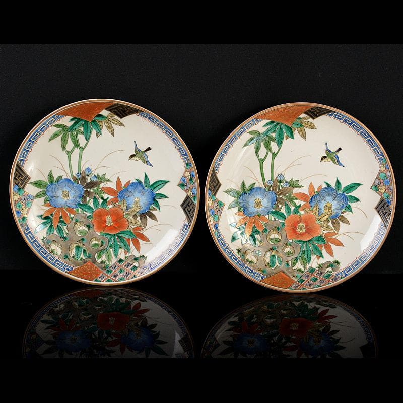 九谷焼　九谷庄三作　色絵　花鳥文　飾皿　一對　M　R5305