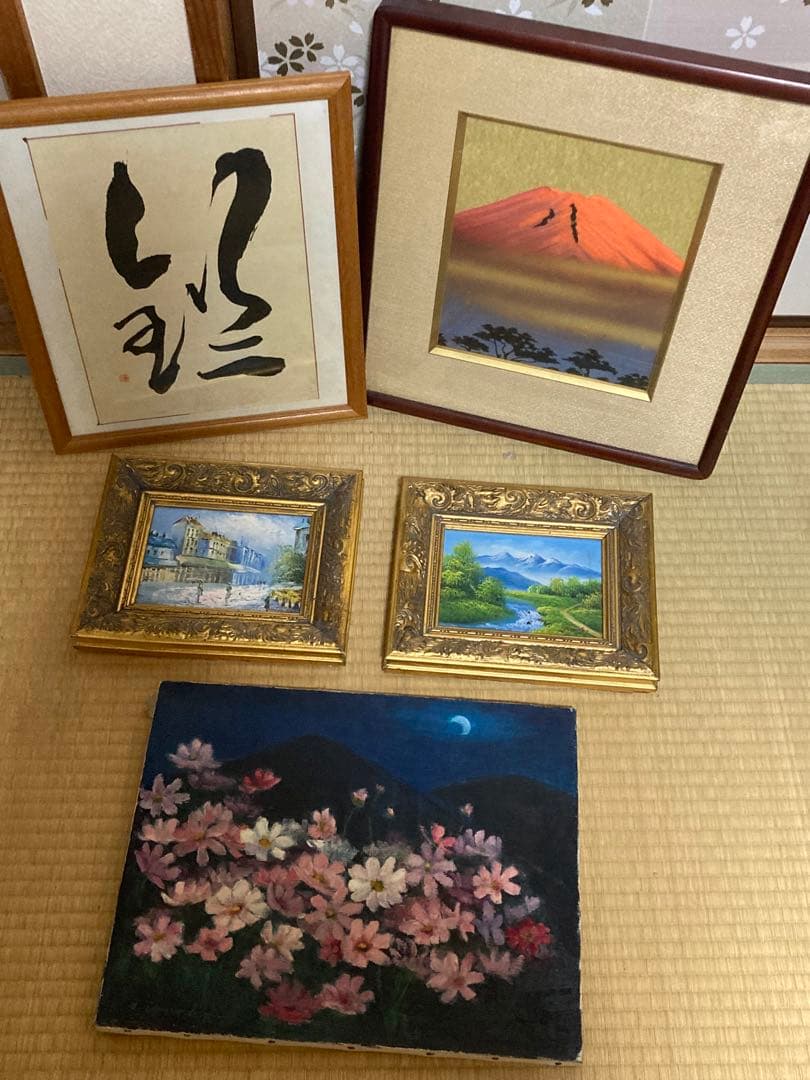 絵画まとめ売り　書　油絵　洋画肉筆　日本画赤富士　万峰作、油絵、書画　5点セット