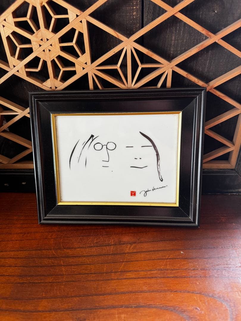 ジョンレノン　オノヨーコ　人物画　イラスト　白磁板　フレームスタンド　ビートルズ