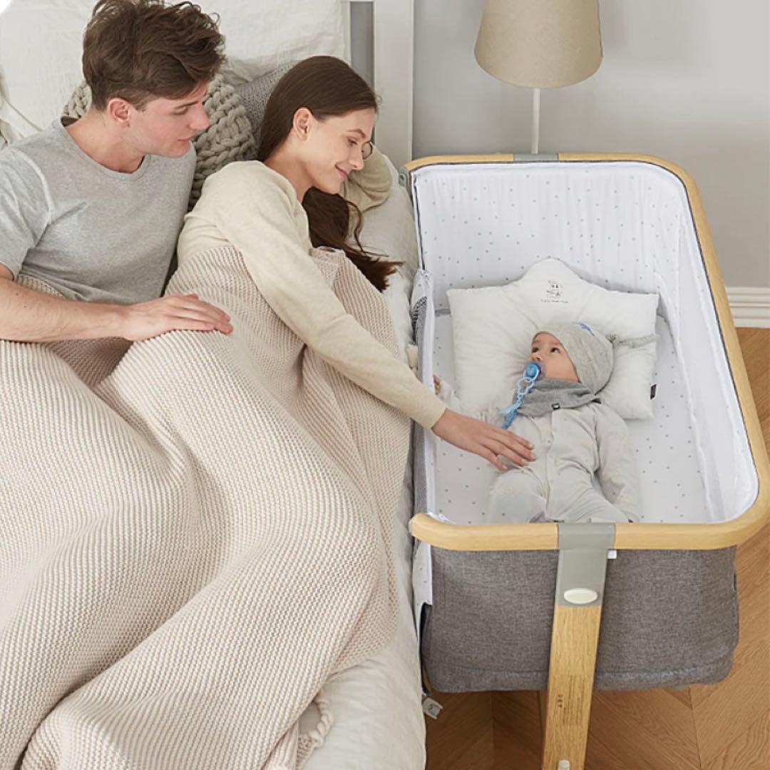 【美品・付属品完備】HZDMJベビーベッド グレー 折りたたみベビーベッド