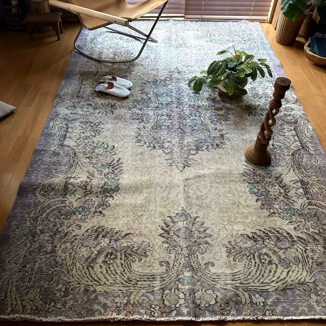 超大判169×274レアくすみラベンダー×クリーム　トルコヴィンテージラグ